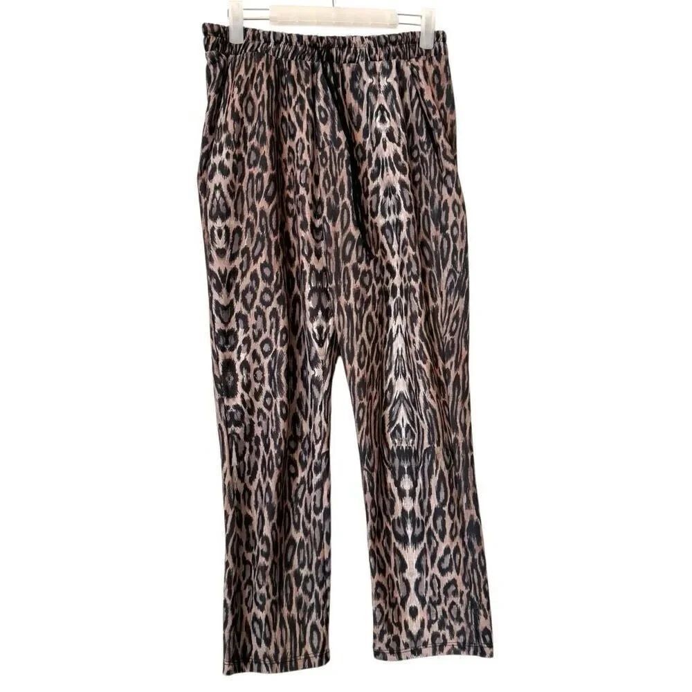 Zara Animal Print Elastic Waist Pull On Wide Leg Pants Tan Black Size Medium